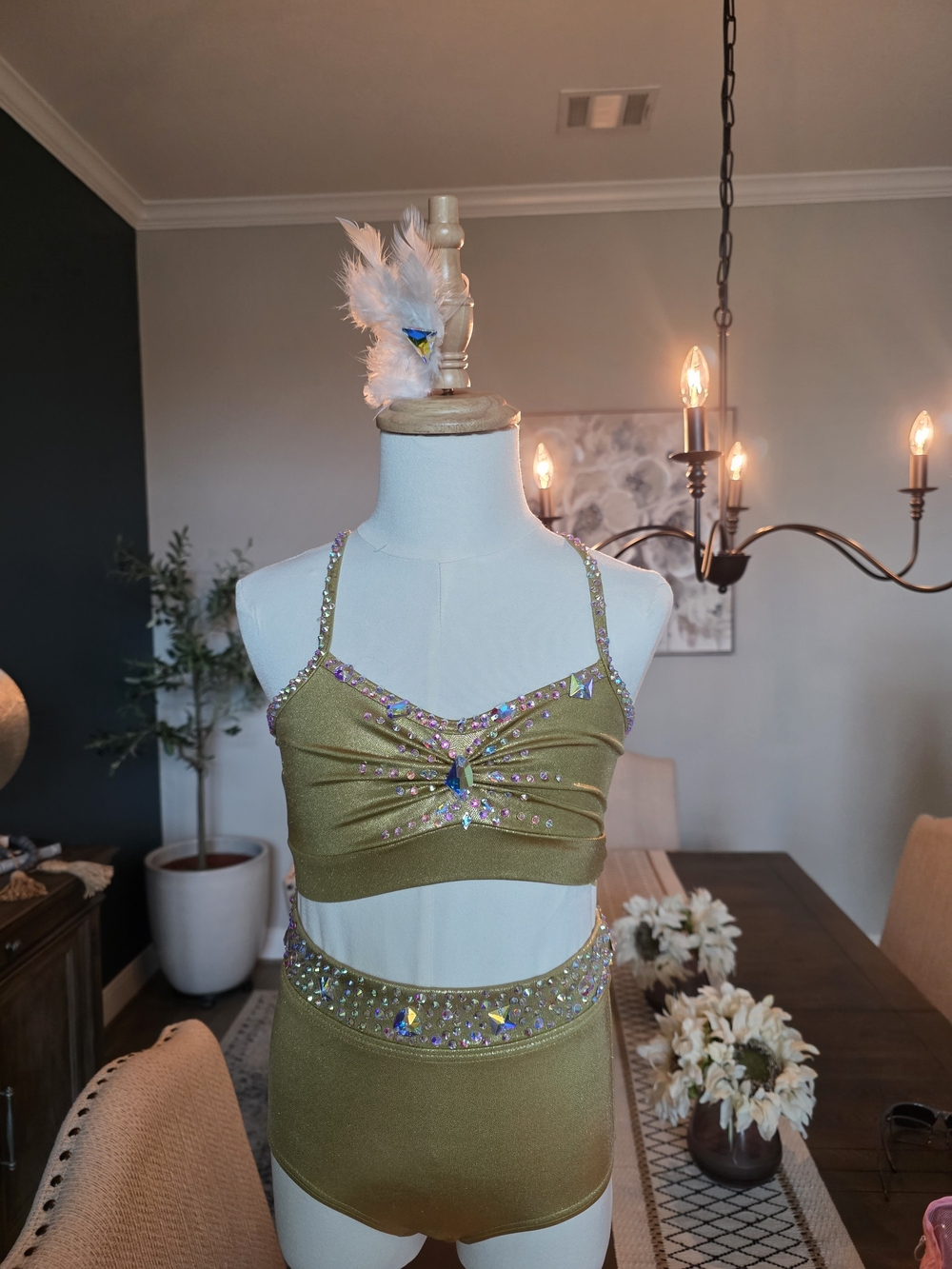 Gold Sequin Trim Two-Piece Dance Crop Top & High-Waist Brief Set